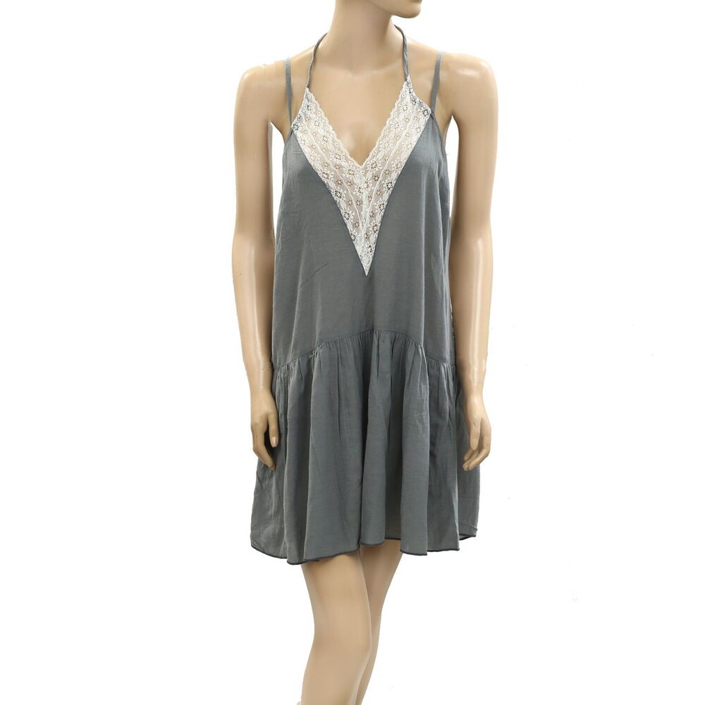 Intimately Free People Mini Slip Dress Lace Cutout Romantic Beach Gray S 276212